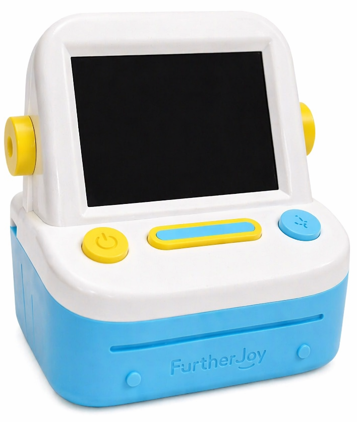 FurtherJoy AIPrinter — pocket-sized thermal printer for kids, with screen lit and tactile front buttons